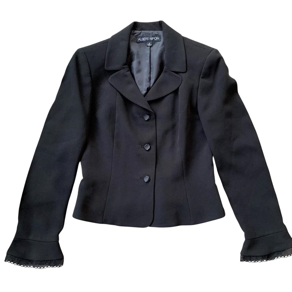 Albert Nipon Ruffle Lace Cuff Buttoned Formal Blazer Suit Jacket Black Size 4